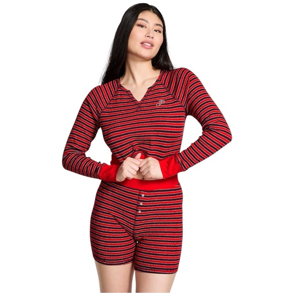 PINK Victoria's Secret Other - Pink Victorias Secret Thermal Short Pajama Set Bright Vermillion Lurex Stripes